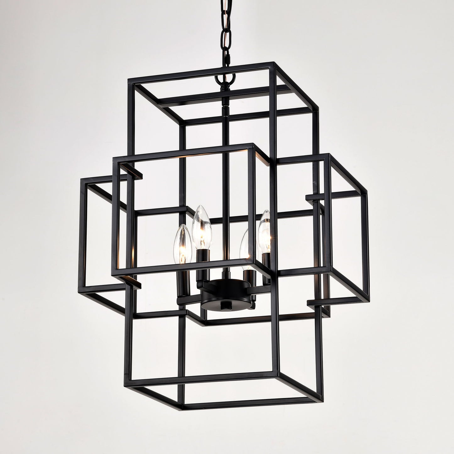 4 Light Metal Lantern Tiered Pendant Hanging Light Fixtures, Industrial Farmhouse Adjustable Height Chandeliers For Dining Room Hallway Foyer Entryway (E12 Bulbs Not Included) - Matte Black