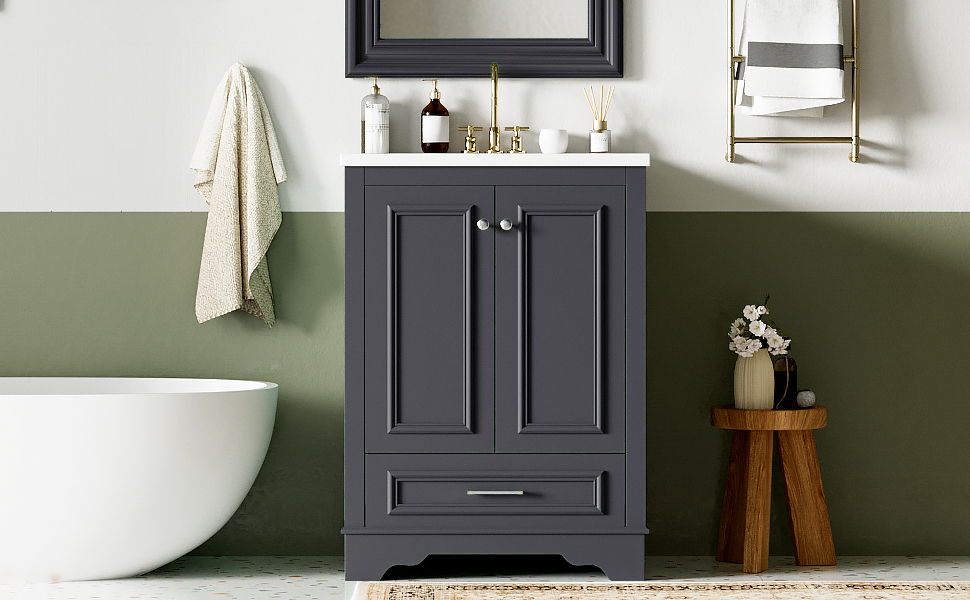 Bathroom Vanity With Ceramic Sink Combo, Modern Freestanding Storage Cabinet With Silver Handles, Soft Closing Doors - Blue Gray