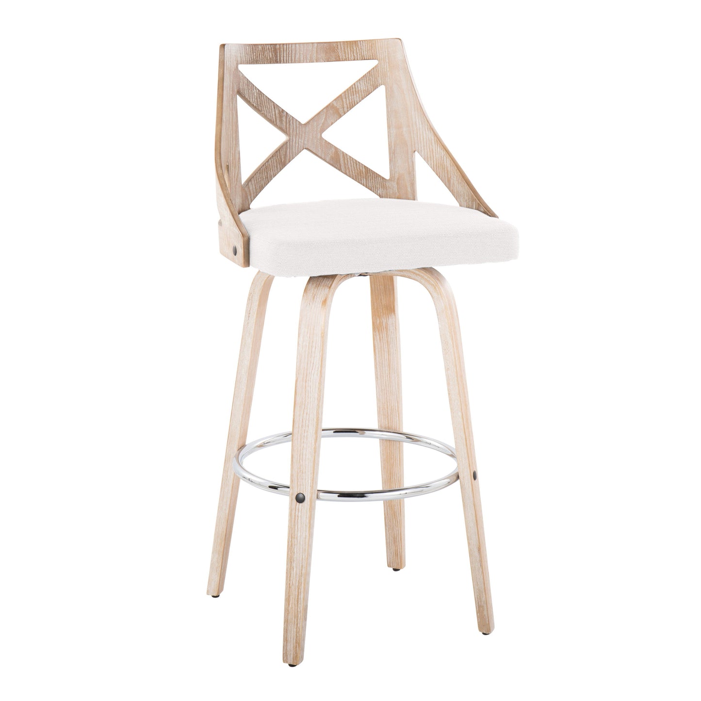 Charlotte - Farmhouse Fixed Height Barstool With Swivel Round Chrome Footrest (Set of 2) - White Washed / Cream