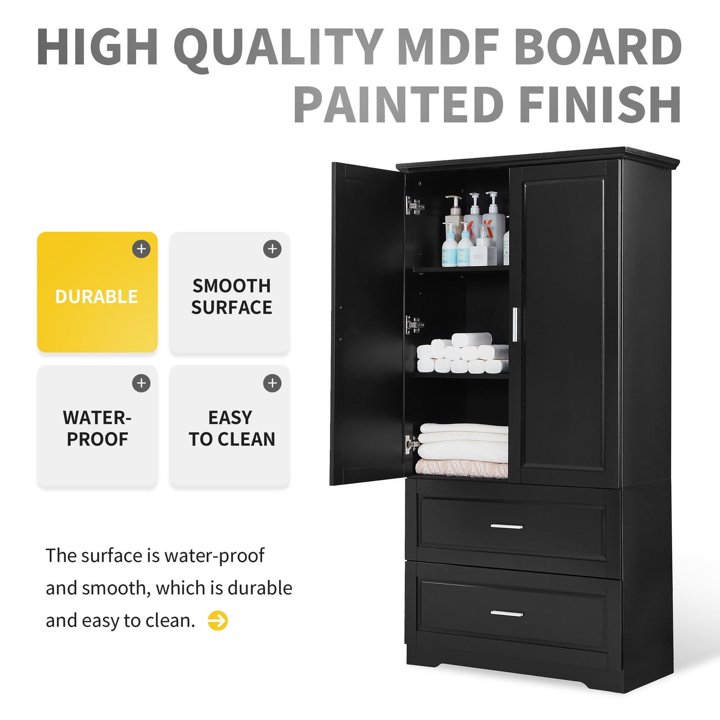 Tall Bathroom Storage Cabinet, Cabinet With 2 Doors And Drawers, Adjustable Shelf - Black