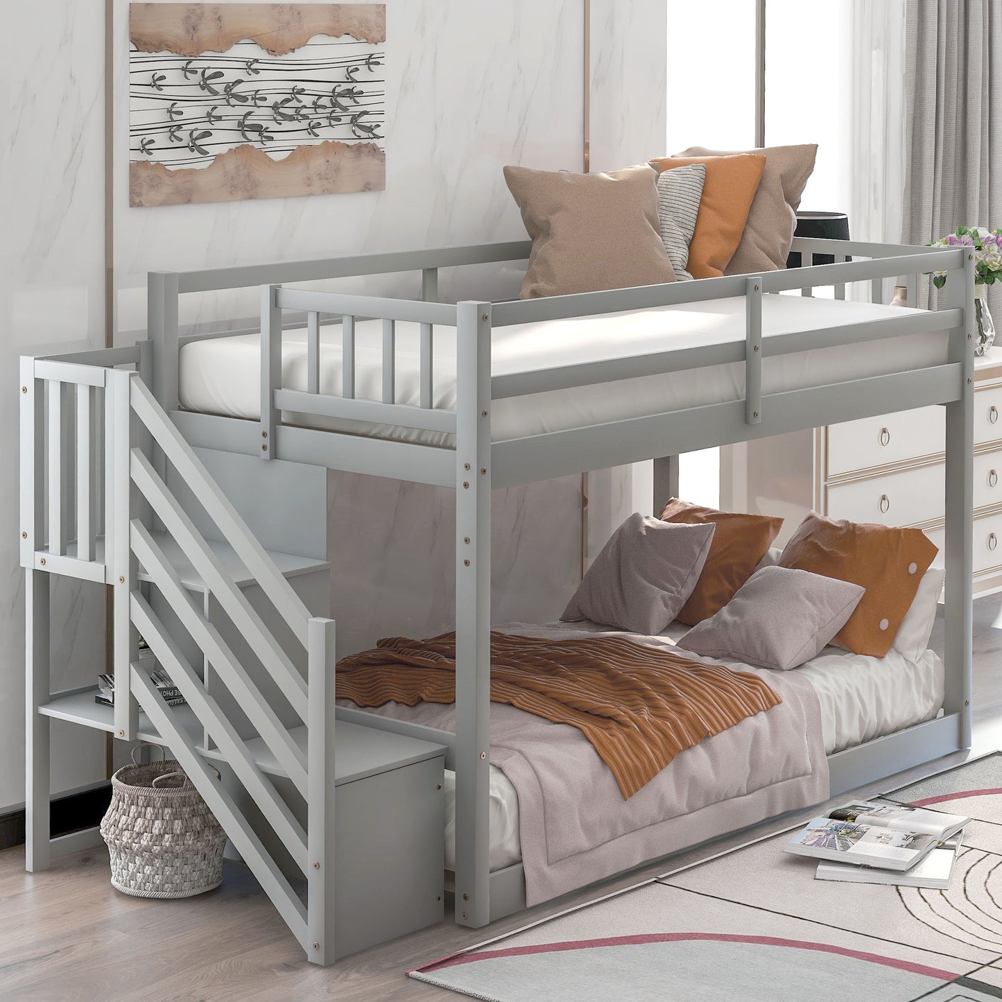 Twin Over Twin Floor Bunk Bed, Ladder With Storage - Gray