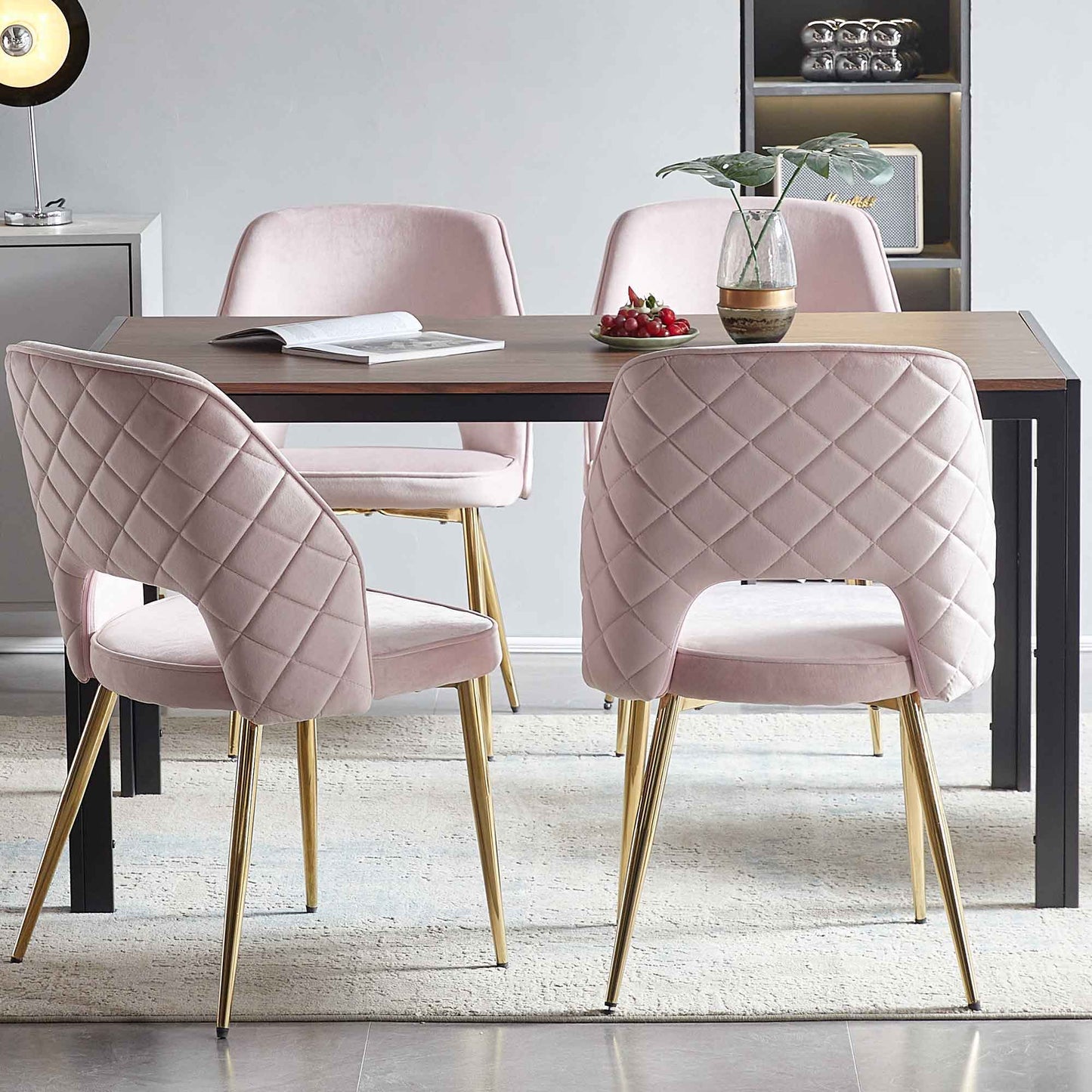 Velvet Dining Chairs With Metal Legs And Hollow Back Upholstered Dining Chairs (Set of 4) - Pink