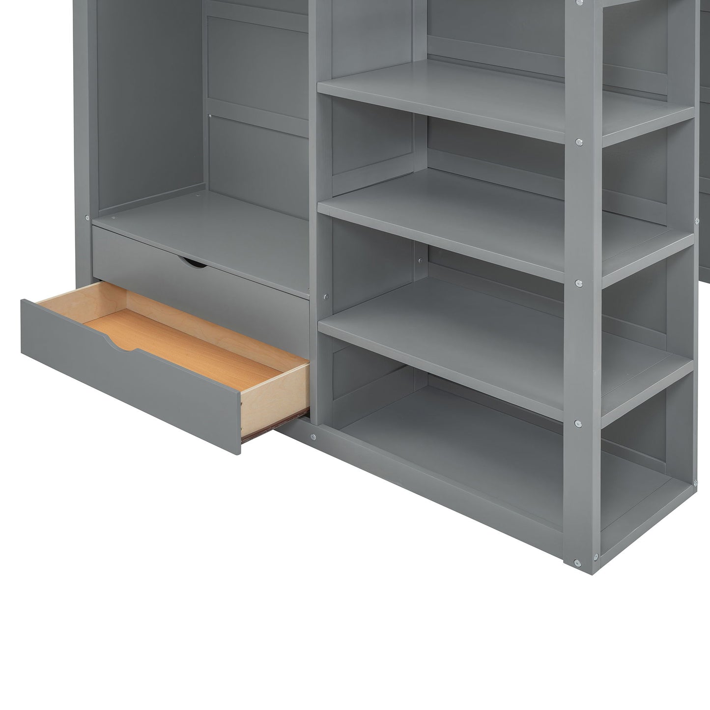Full Size Loft Bed With Desk, Wardrobes, 4 Drawers And 4 Shelves - Gray