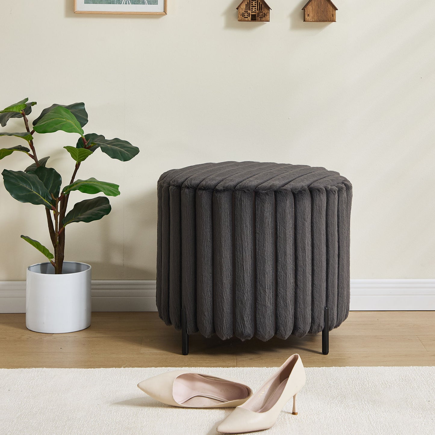 Upholstered Round Pouf Ottoman Foot Rest With Black Metal Legs - Charcoal