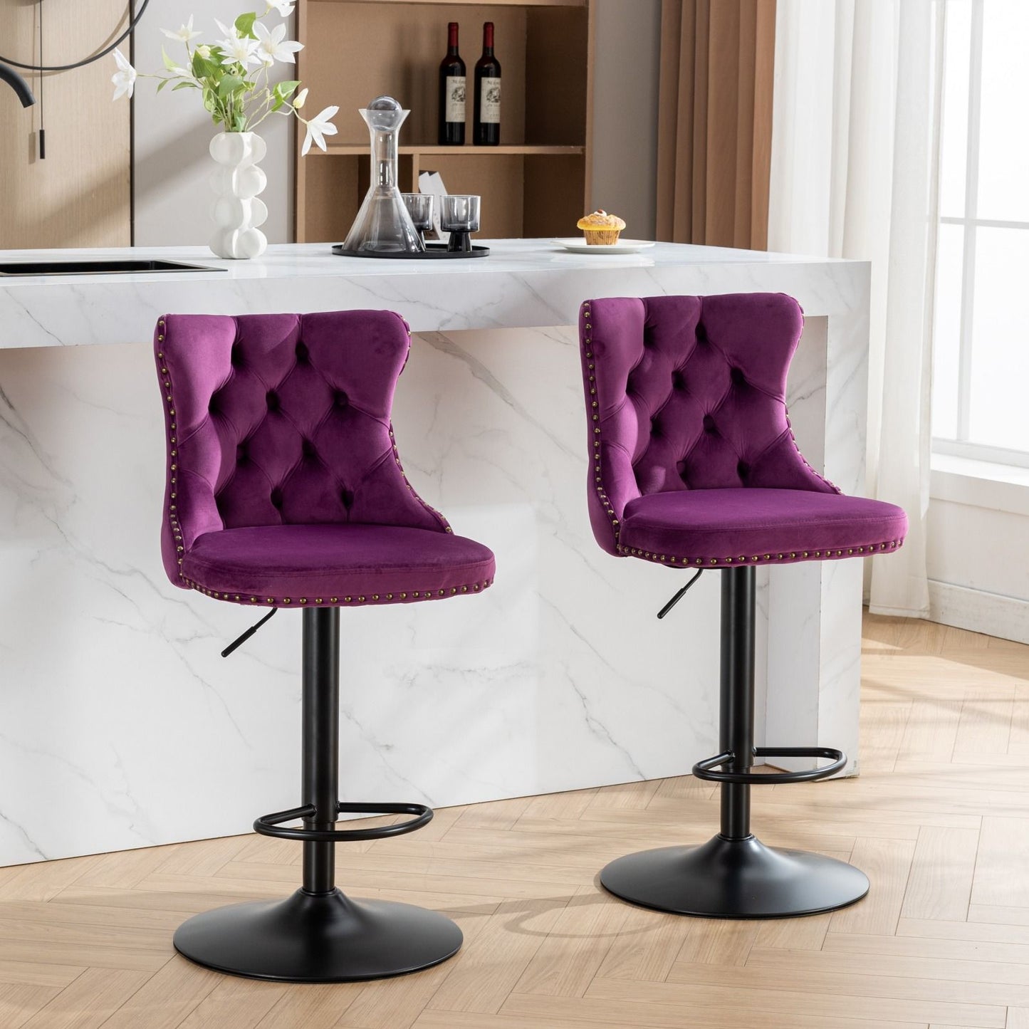 Swivel Velvet Barstools Adjusatble Seat Height , Modern Upholstered Bar Stools With Backs Comfortable Tufted For Home Pub And Kitchen Island (Set of 2) - Purple