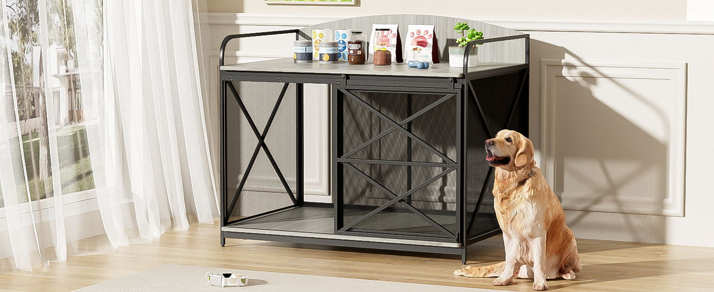 Heavy Duty Large Dog Crate Furniture For Large Medium Dog, Farmhouse Wooden Dog Kennel Indoor End Table, Decorative Pet House For Large Dogs - Gray