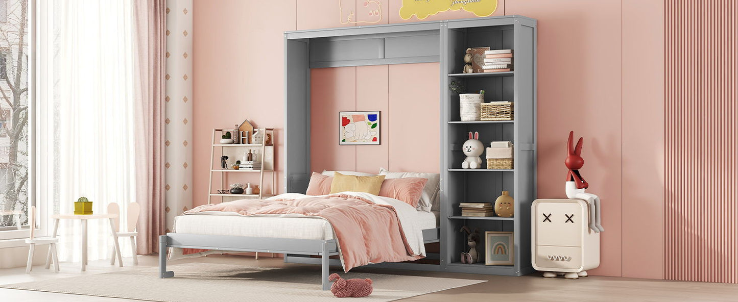 Full Size Murphy Wall Bed With Shelves - Gray