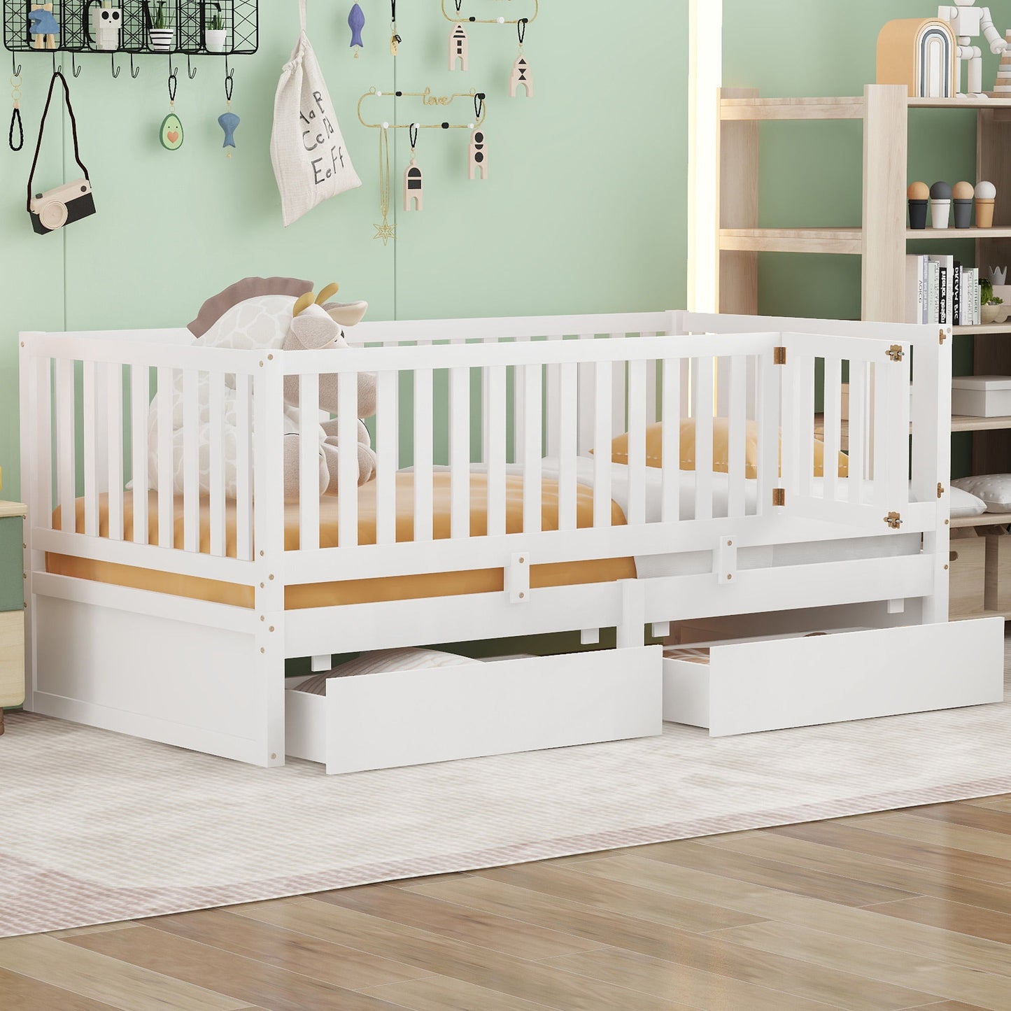 Twin Size Daybed With Fence Guardrails And 2 Drawers, Split Into Independent Floor Bed & Daybed - White