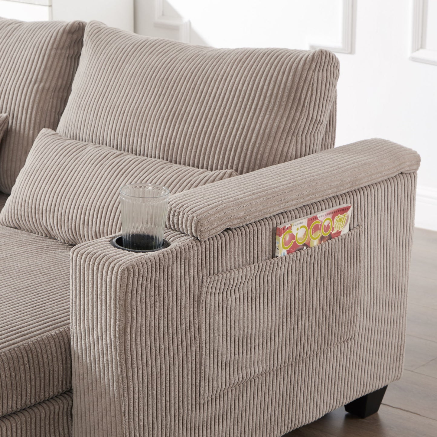 Convertible Chaise Lounge Loveseat Sofa Bed With USB Ports, Cup Holders, Phone Holder, Storage - Brown