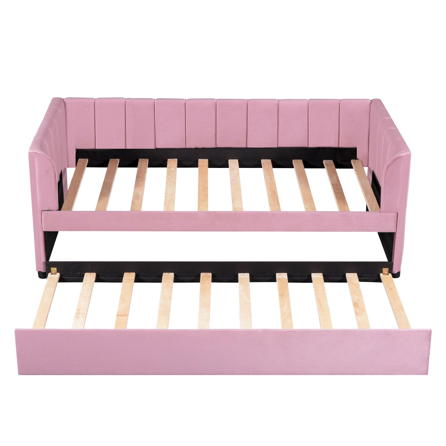 Twin Size Upholstered Daybed With Ergonomic Design Backrest And Trundle - Pink