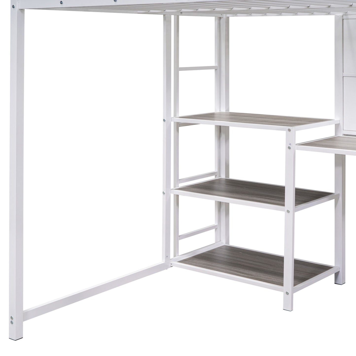 Full Size Loft Bed With Desk And Whiteboard, Loft Bed With 3 Shelves And Ladder - White