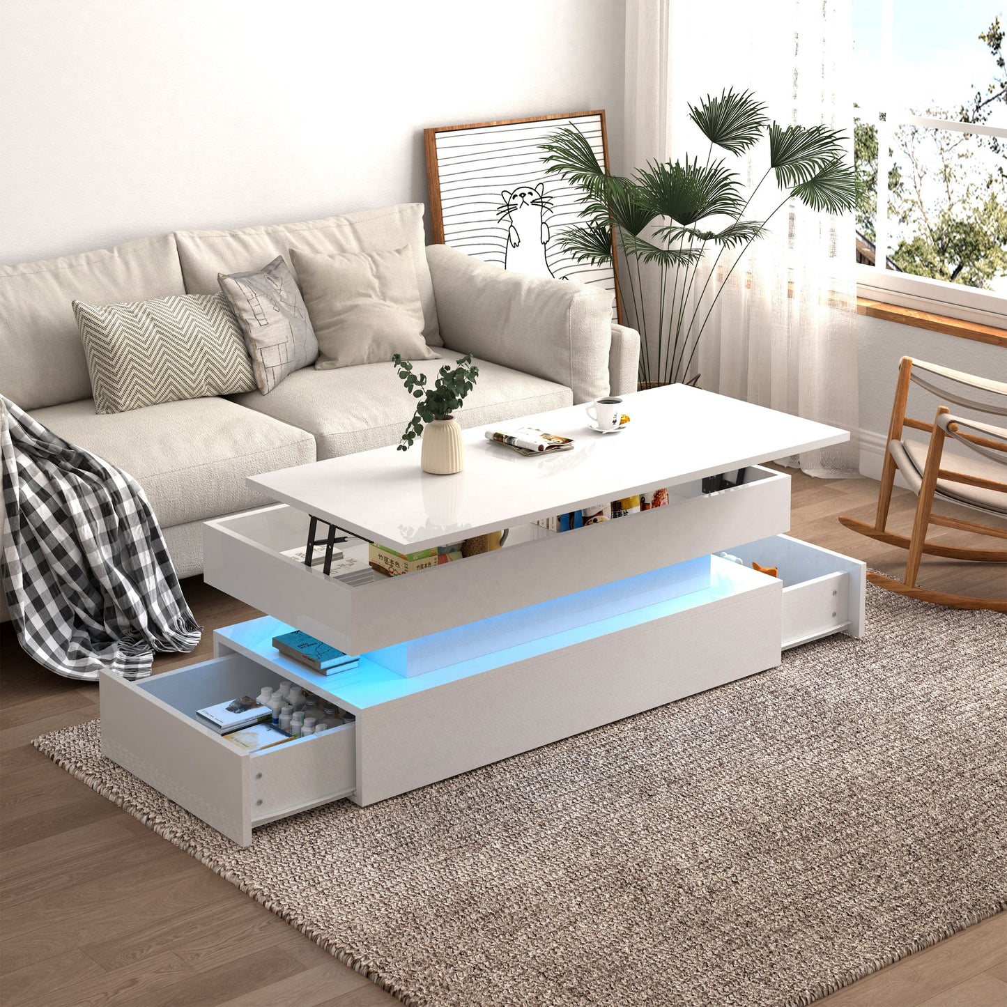 Contemporary Foldable Coffee Table With Drawers And LED White & Metal 3 Tier Design - White