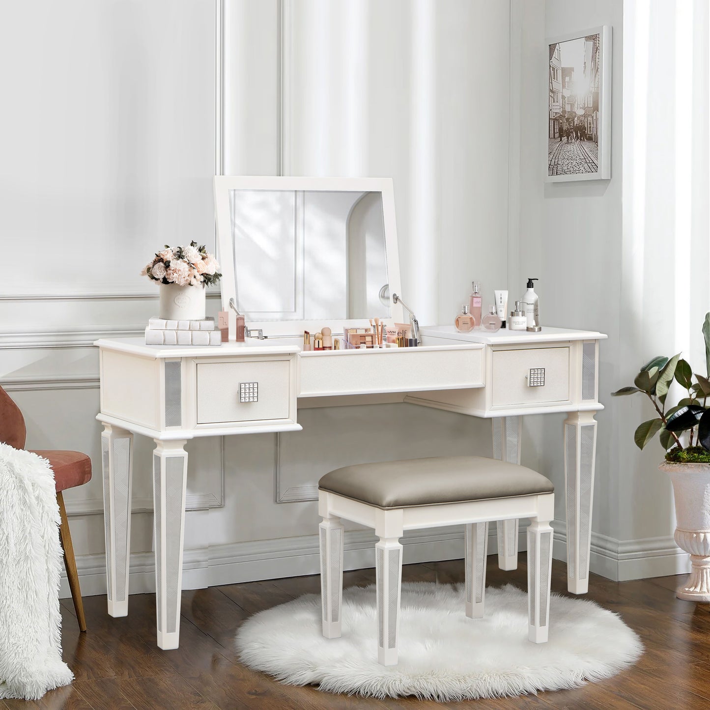 Elegant Mirrored Vanity Desk Set With Drawers And Flip Up Mirror, Silver Finish, Glass And Wood - White