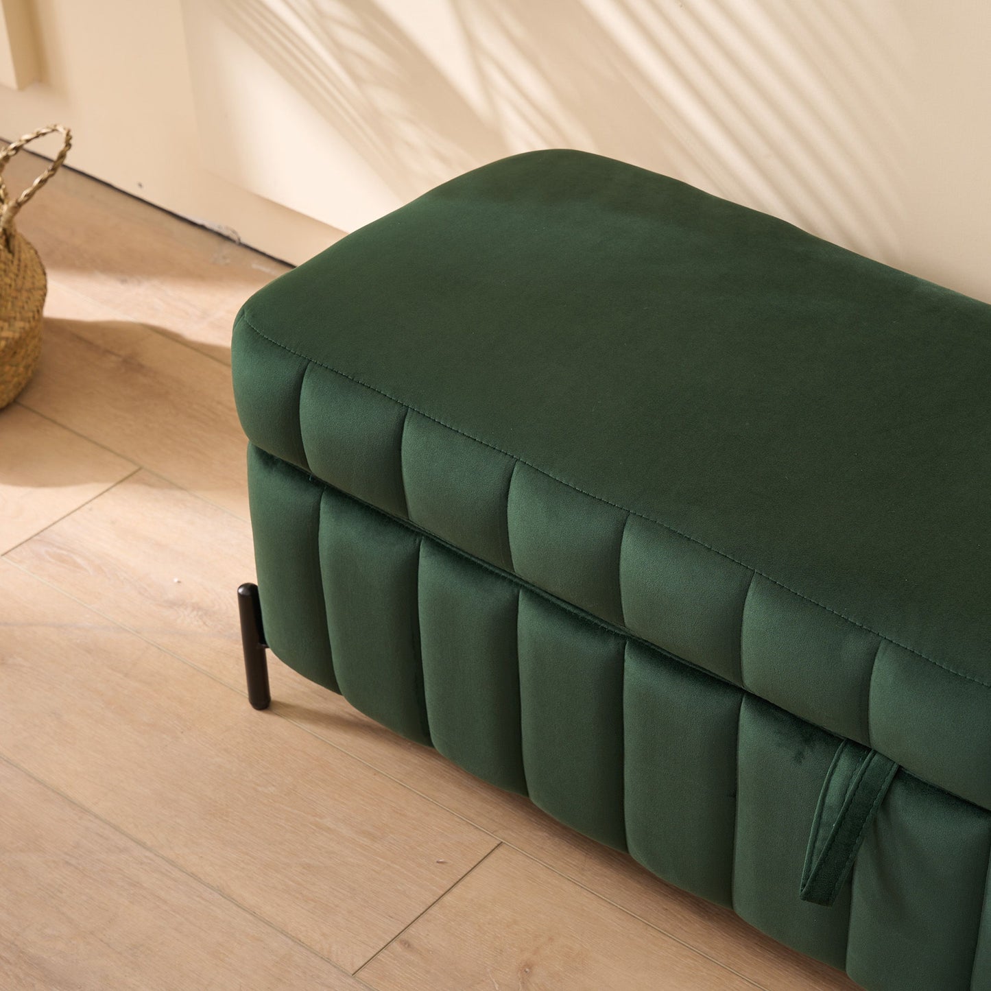 Wide Upholstered Velvet Storage Soft Bench Footstool Ottoman End Of Bed With Metal Legs, Foot Rest For Living Room, Entryway And Bedroom - Green