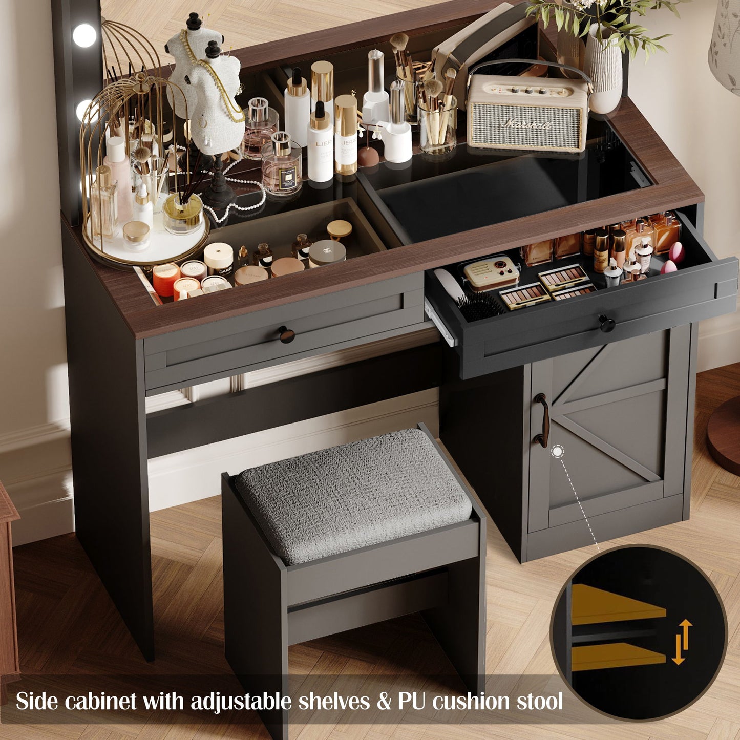 Makeup Vanity Table, Makeup Table With Large Mirror And 11 LED Light, Brightness Adjustable, Dressing Table Desk With 3 Drawers, Vanity Desk For Women (With Stool) - Black