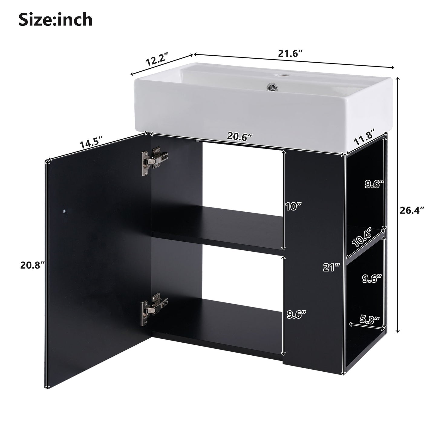 Modern Floating Bathroom Vanity With Ceramic Basin, Perfect For Small Bathrooms, Right Side Storage - Black