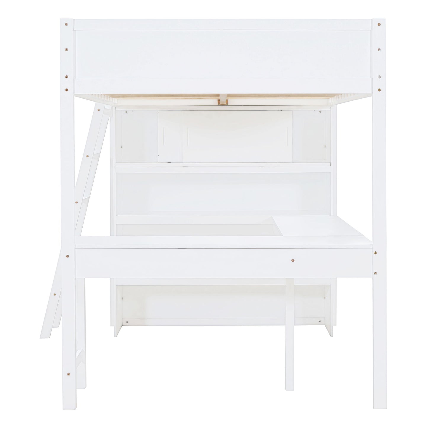Full Size Loft Bed With Desk And Storage Shelves - White