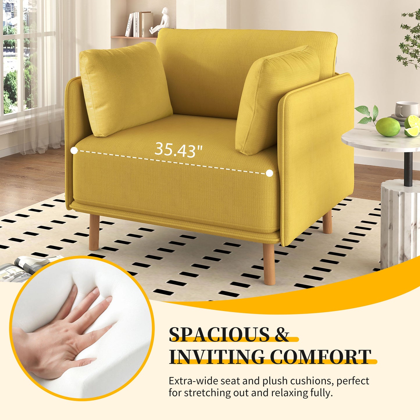 Modern Upholstered Accent Chair With Soft Cushions, Sleek Armrest Design - Yellow