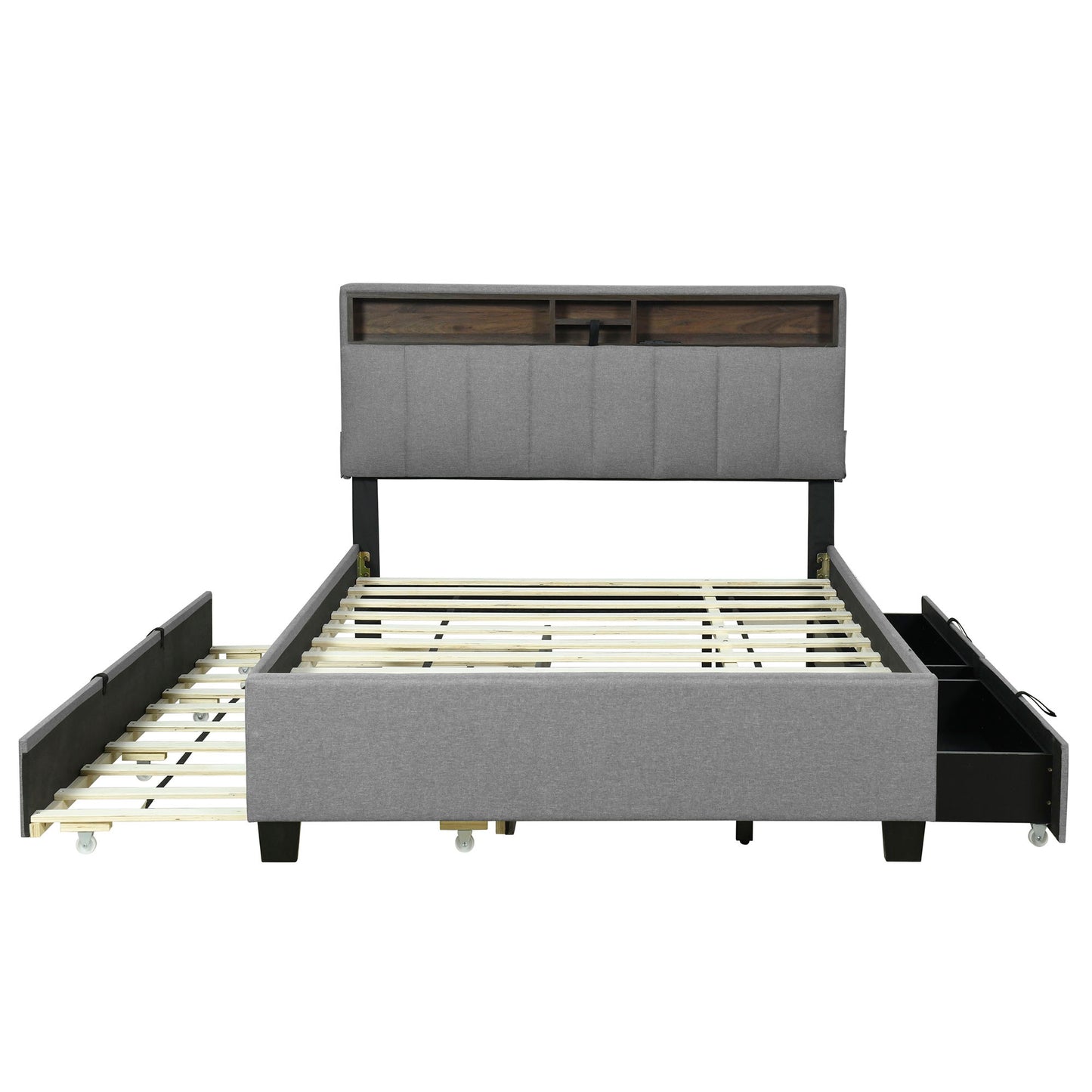 Full Size Upholstered Platform Bed With Storage Headboard, Twin Size Trundle & 2 Drawers And A Set Of Sockets & USB Ports - Gray