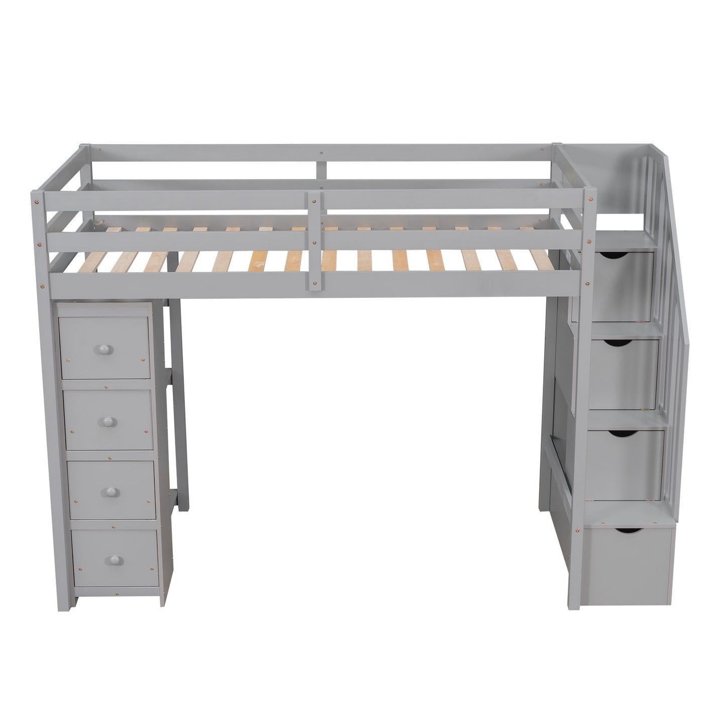 Twin Size Loft Bed With Storage Drawers And Stairs With Shelves - Gray