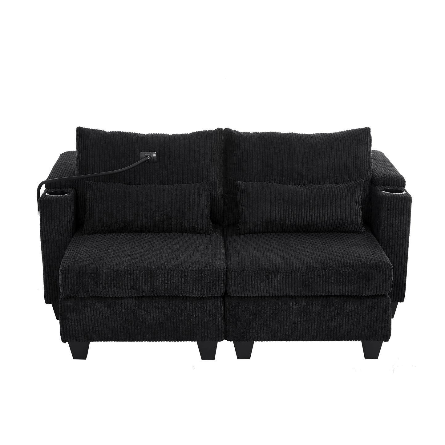 Convertible Chaise Lounge Loveseat Sofa Bed With USB Ports, Cup Holders, Phone Holder & Storage - Black