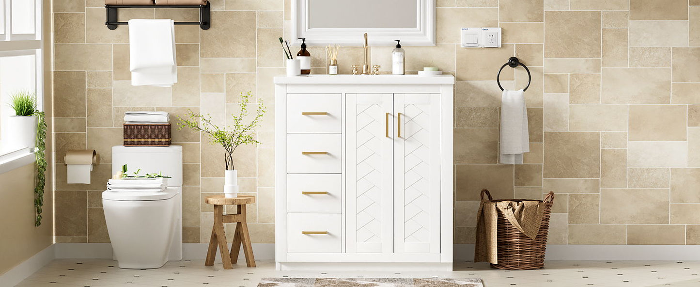 Bathroom Vanity With Ceramic Sink Combo, Frame Bathroom Storage Cabinet, Freestanding Vanity Set With 3 Drawers & Soft Closing Doors - White