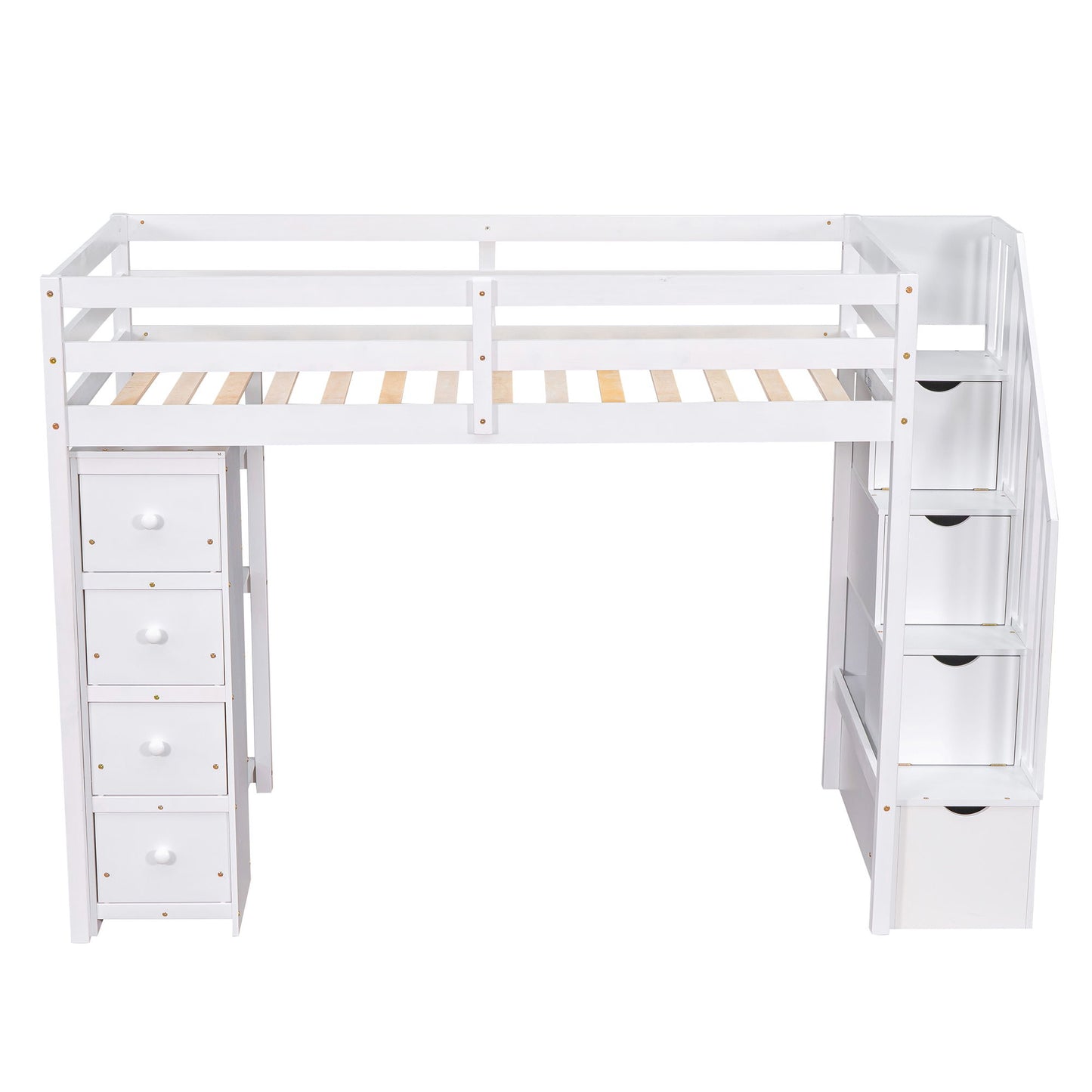 Twin Size Loft Bed With Storage Drawers And Stairs With Shelves - White
