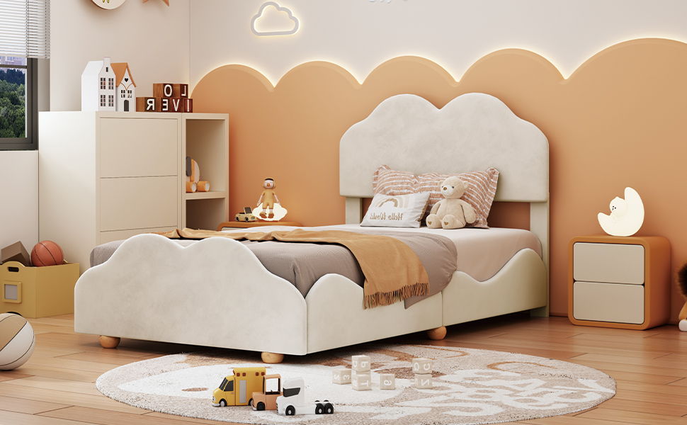Twin Size Upholstered Platform Bed With Cloud Shaped Board - Beige