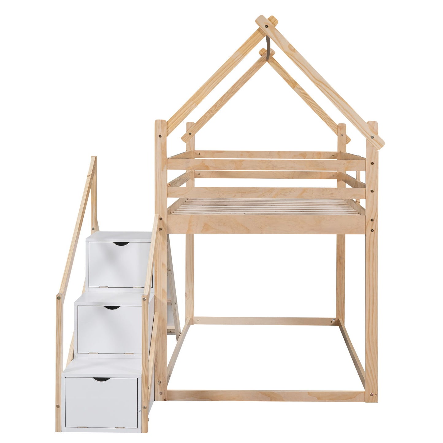 Twin Over Twin House Loft Or Bunk Bed With Slide And Staircase - Natural