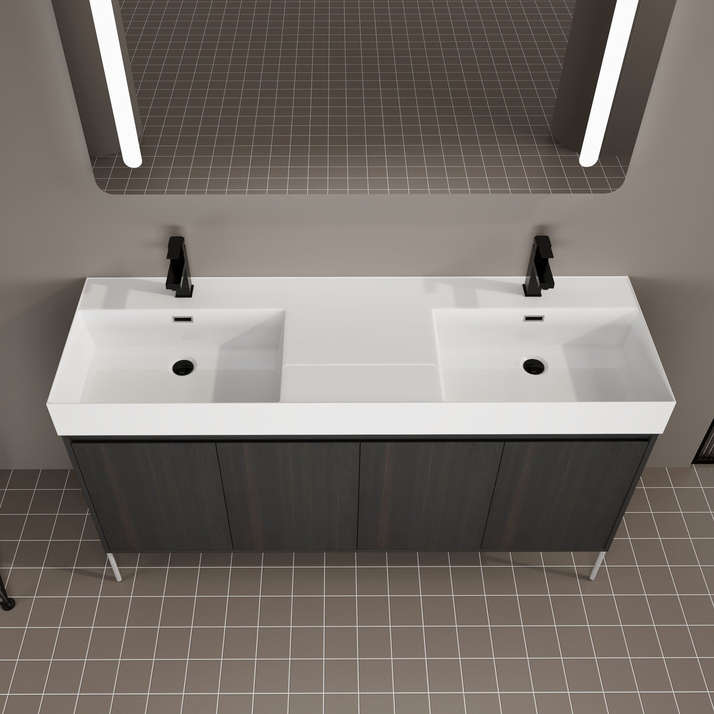 Deluxe 60" Freestanding Bathroom Vanity With Resin Double Sink - Dark Oak