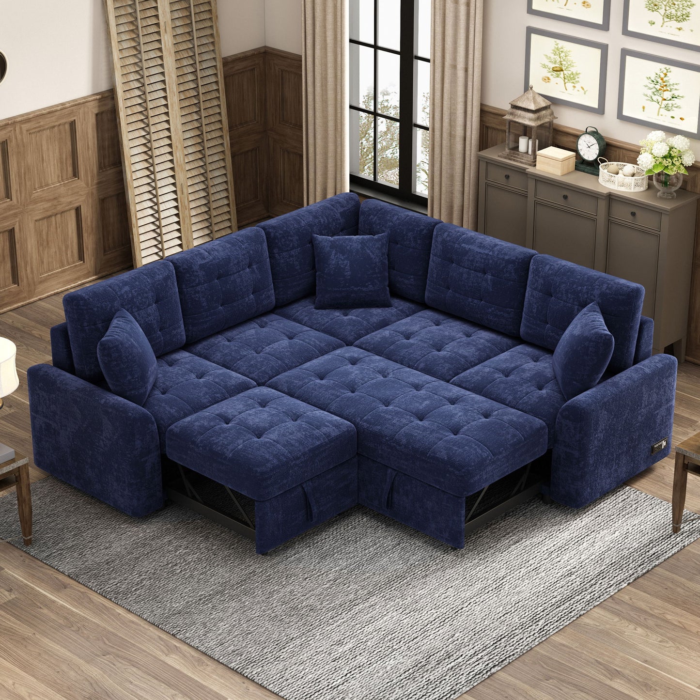 L-Shape Sofa Bed Pull-Out Sleeper Sofa With Wheels, USB Ports, Power Sockets For Living Room - Navy Blue