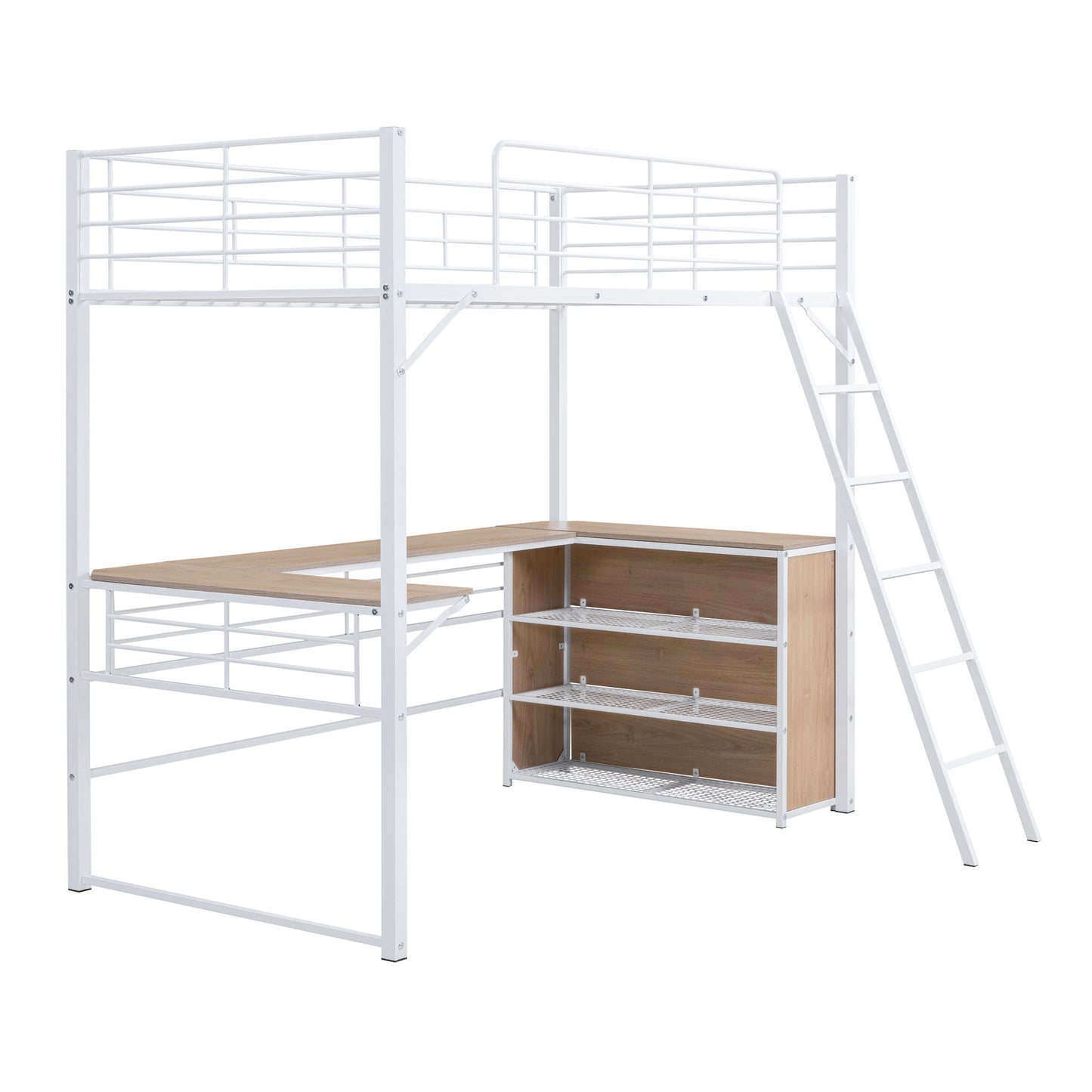 Twin Size Loft Bed With 3 Layers Of Shelves And L-Shaped Desk - White