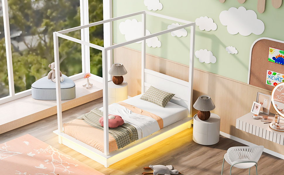 Twin Size LED Canopy Bed, Canopy Platform Bed With Support Slats, No Box Spring Needed - White