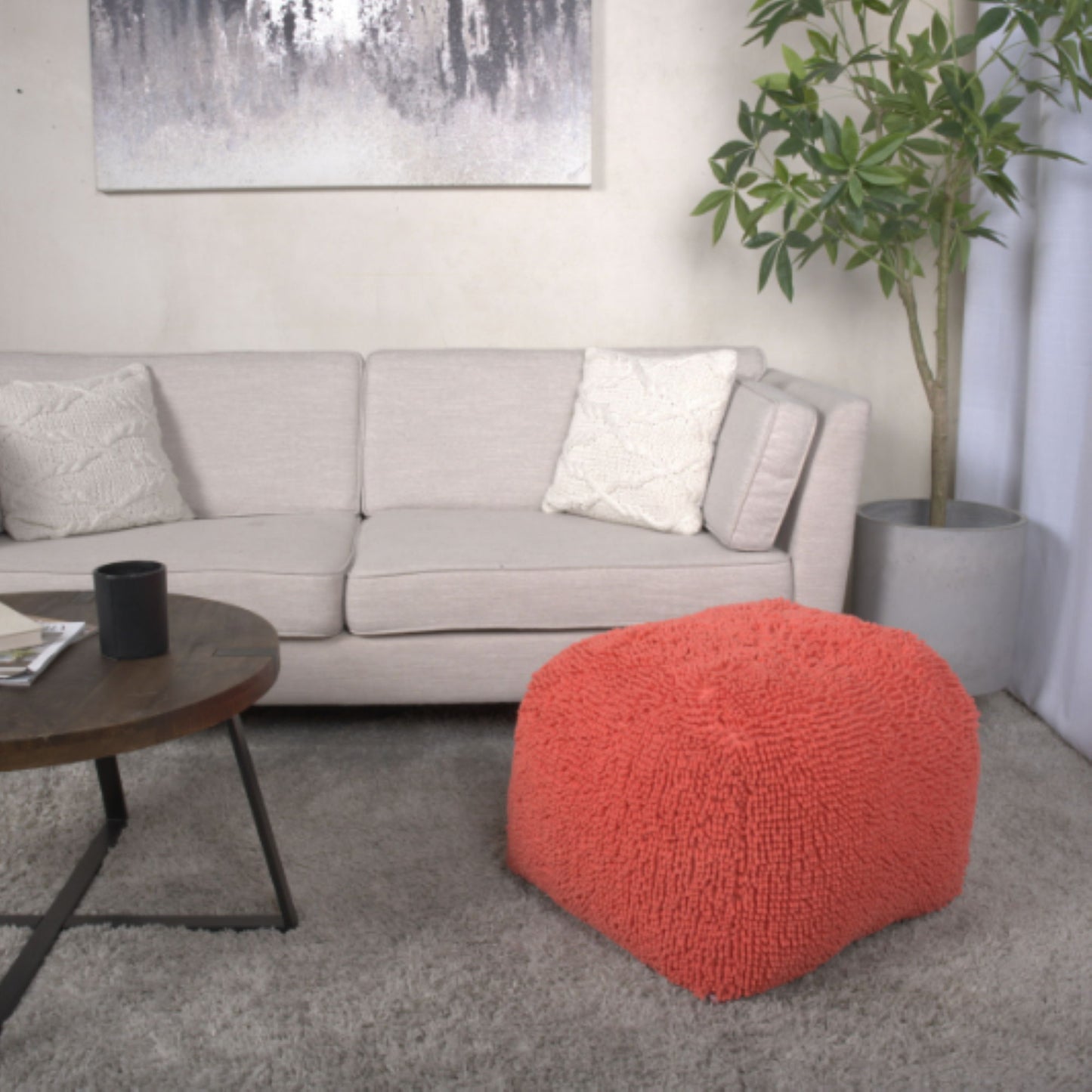 Spongy - Microfiber Square Pouf With Cozy Texture - Coral