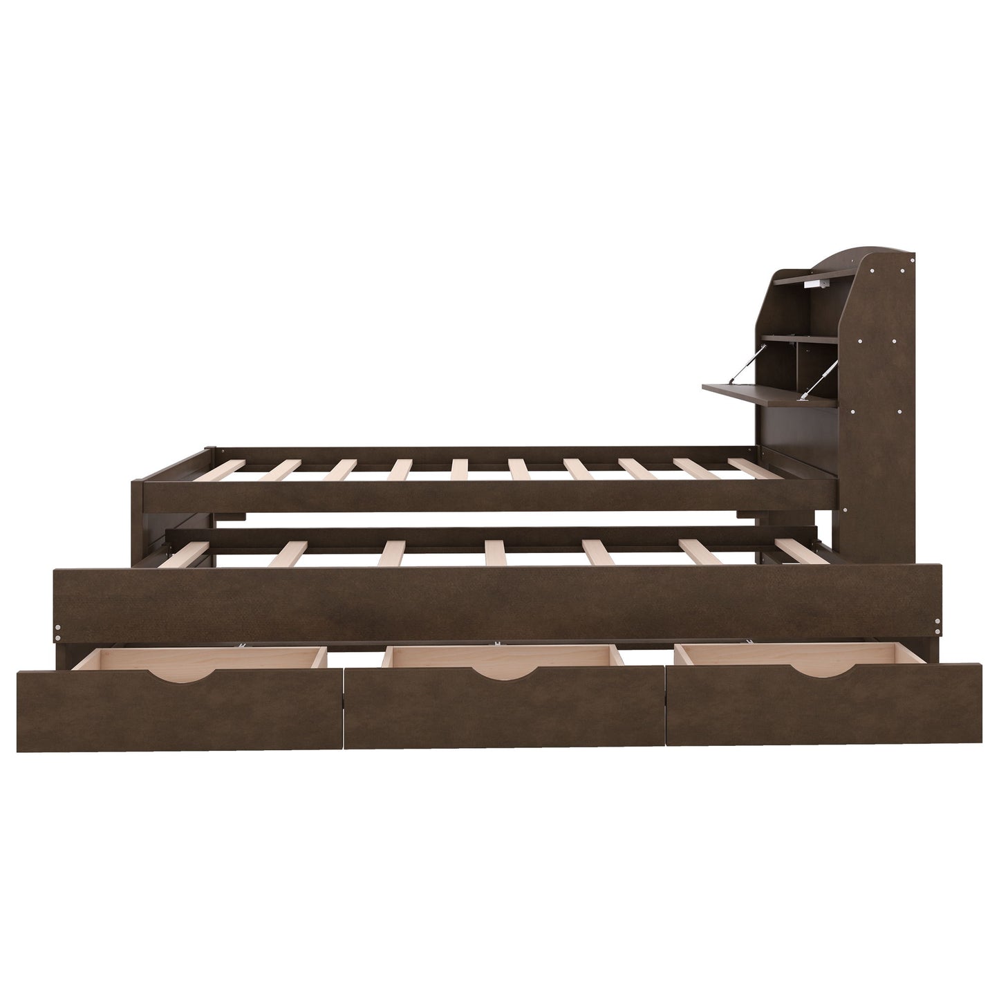 Twin Size LED Platform Bed With Trundle With Storage Headboard With Drawers - Brown