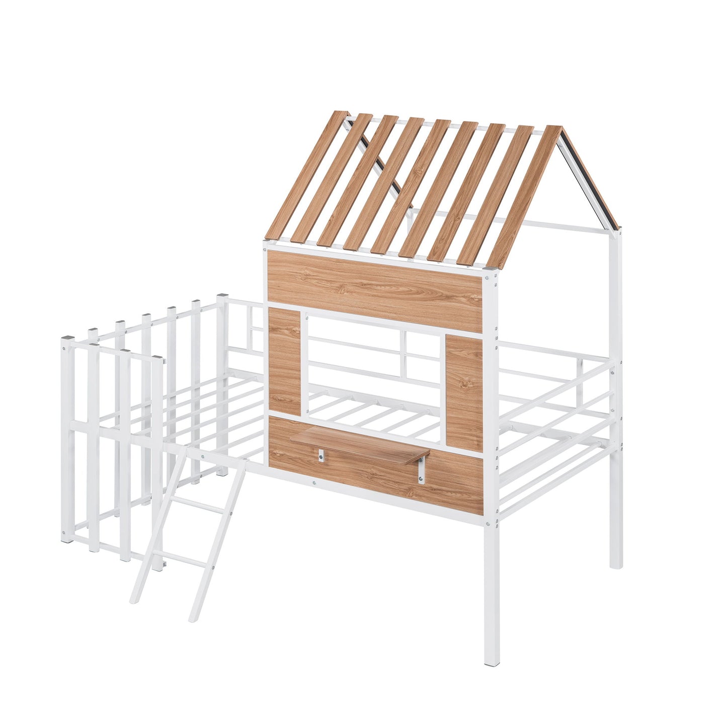 Twin Size Loft Bed With Roof, Window, Guardrail, Ladder - White