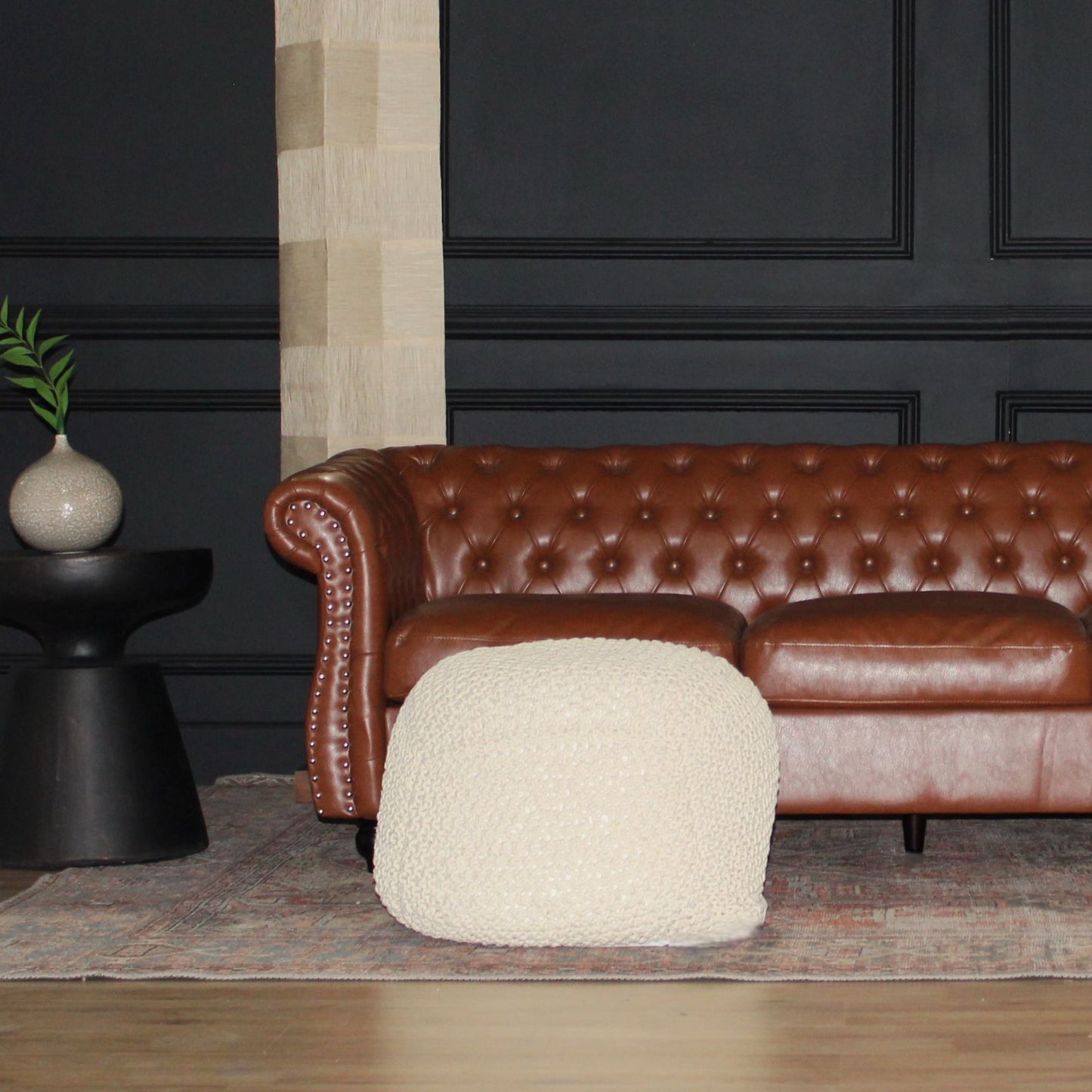 Semi Rounded Pouf Cable Knitted Handmade Seating And Footrest - Beige