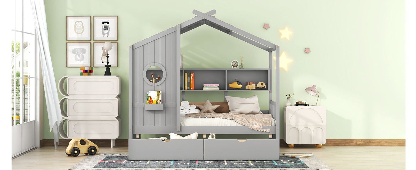 Twin Size House Bed With 2 Drawers, Kids Bed With Storage Shelf - Gray