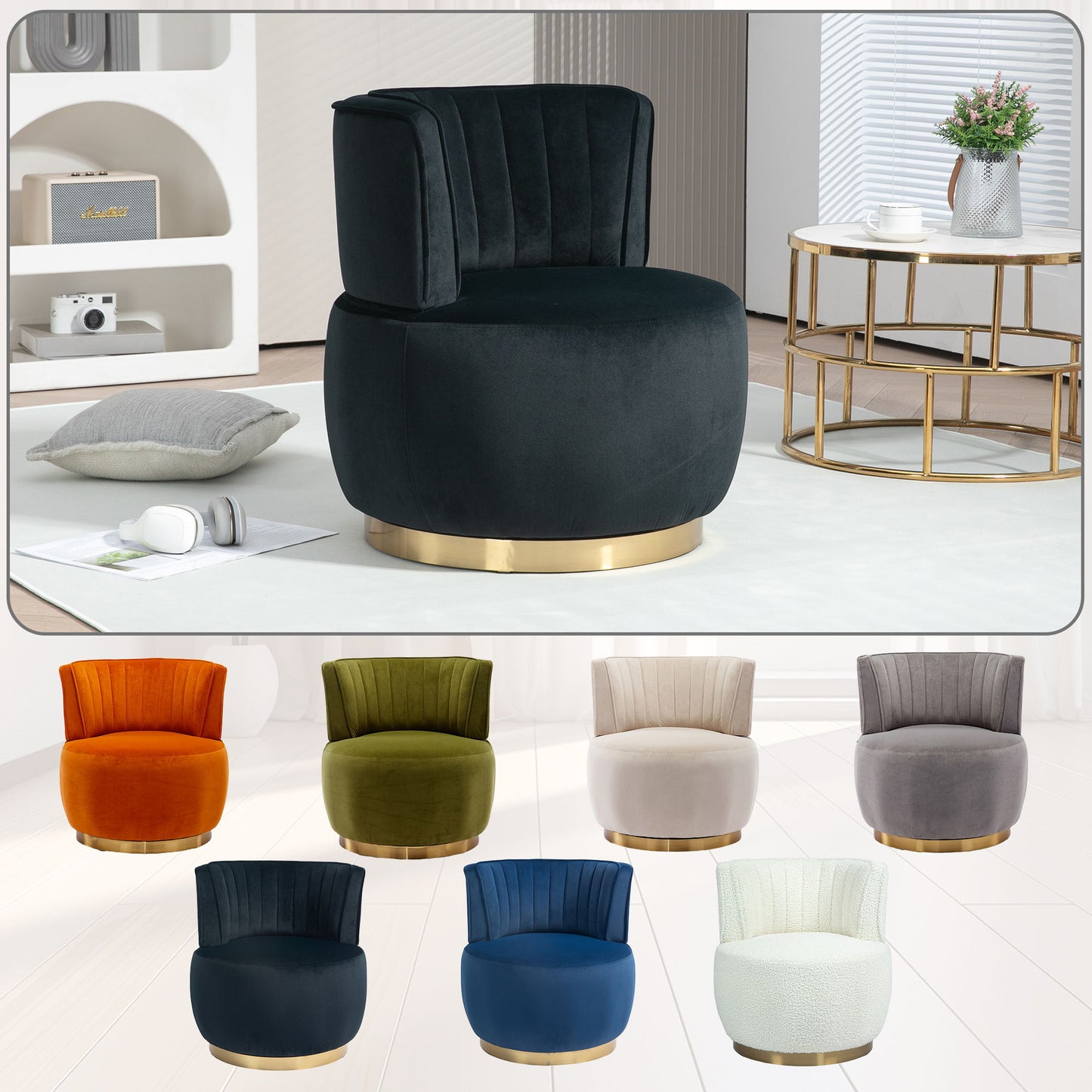 Coolmore - Swivel Barrel Chair, 360 Degree Round Armchair With Fluffy Velvet Upholstery For Living Room, Bedroom, Office - Black