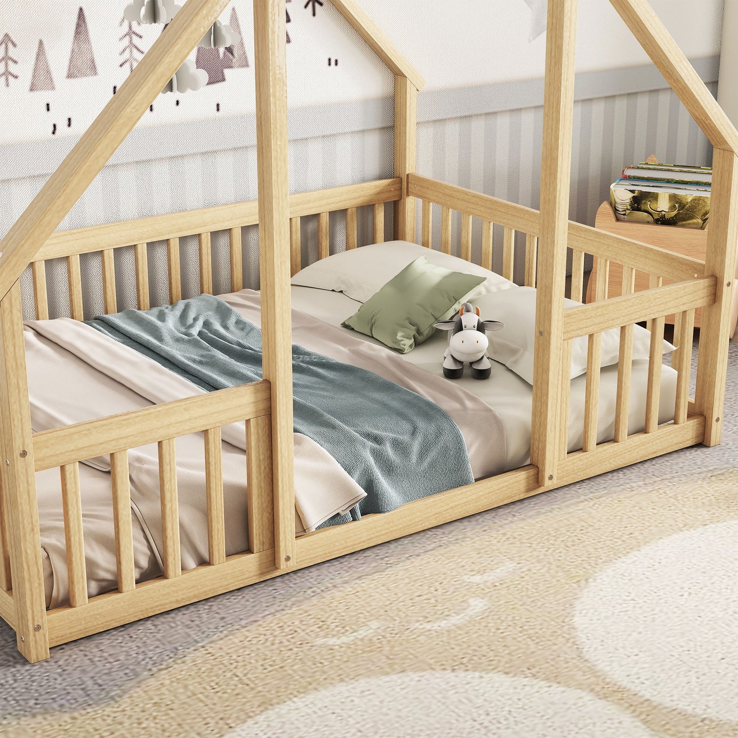 Full Wood House-Shaped Floor Bed With Fence, Guardrails - Natural