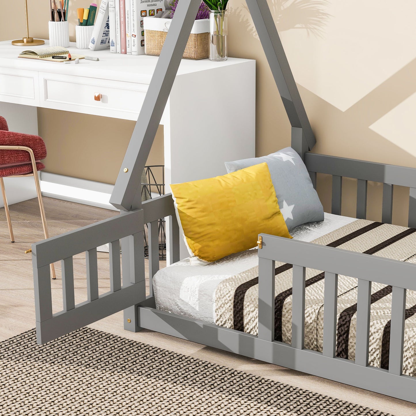Twin Tent-Shaped Floor Bed, With Guardrails, Slats, Door - Gray