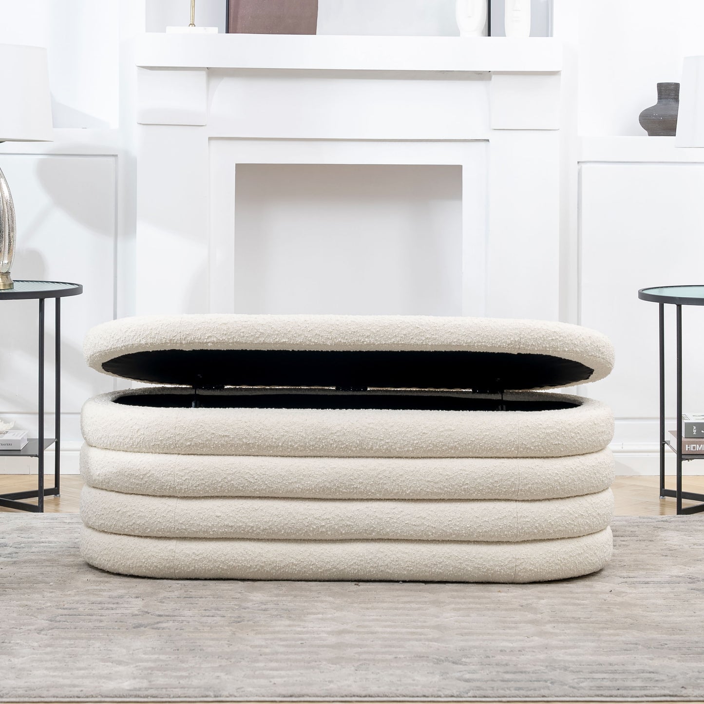 Fuji - Upholstered Oval Storage Bench - Ivory White