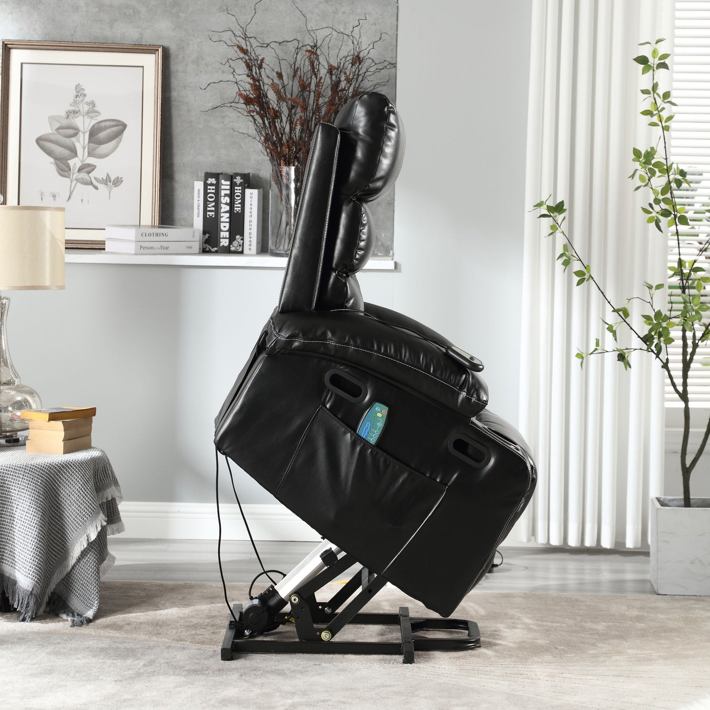 Large Size Electric Power Lift Recliner Chair Sofa, 8 Point Vibration Massage And Lumber Heat, Remote Control, Side Pockets And Cup Holders - Black