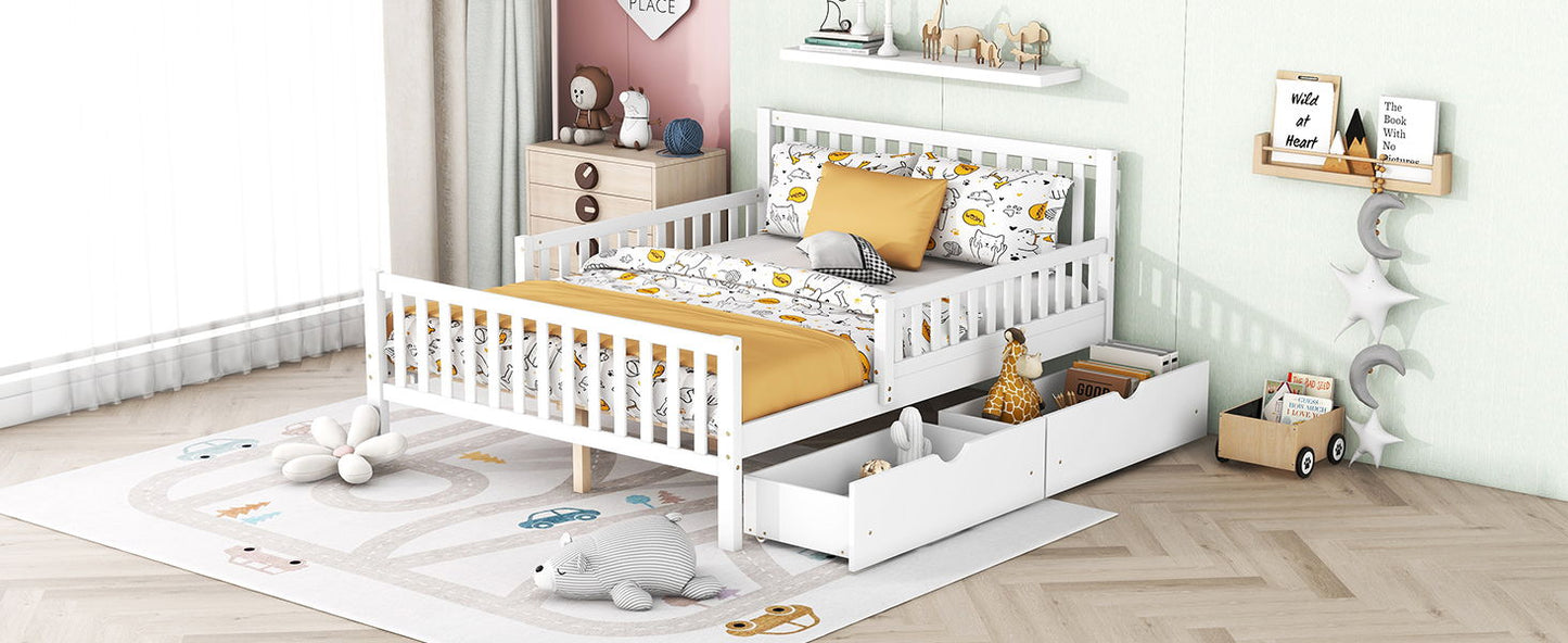 Full Size Platform Bed With Guardrails On Both Sides And 2 Storage Drawers - White