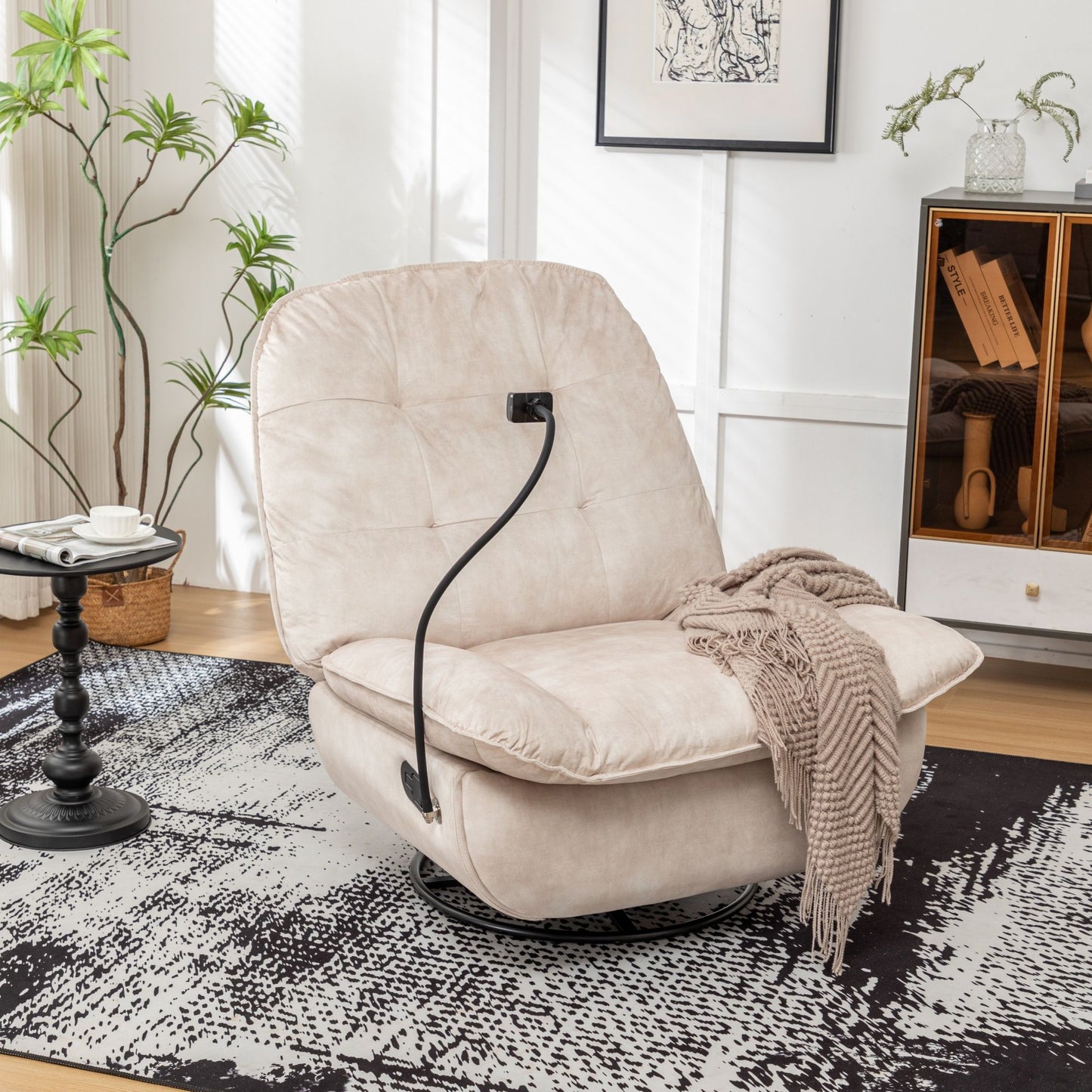 Modern Swivel Gliding Recliner Chair With Rocking Function And Phone Holder - Large Comfortable Reading Chair In Gold Stamped Velvet - Ivory