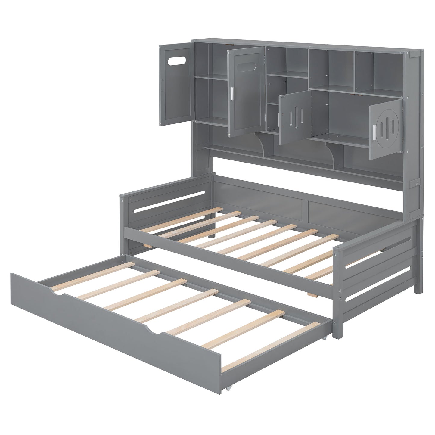 Twin Size Daybed With Twin Size Trundle, And All In One Cabinet And Shelf - Gray