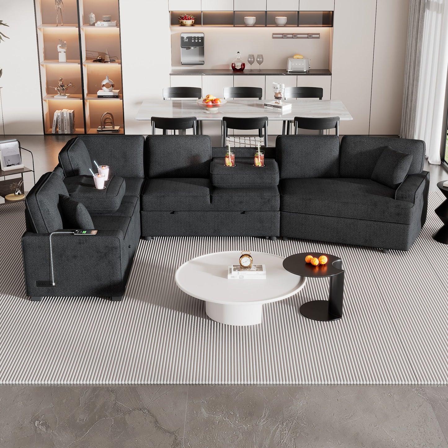 L-Shaped Sofa Sectional Sofa Couch Pull-Out Sofa Bed With Charging Devices And Cup Holders For Living Room - Blue Black