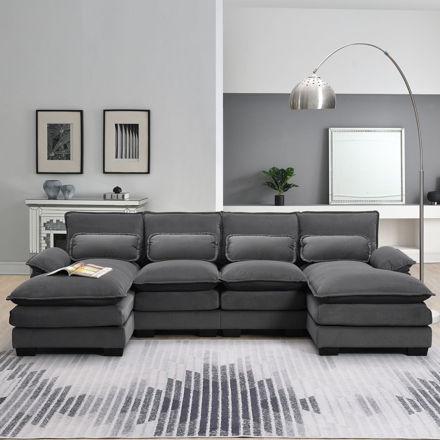 Modern U-Shaped Sectional Sofa With Waist Pillows, 6 Seat Upholstered Symmetrical Sofa Furniture, Sleeper Sofa Couch With Chaise Lounge - Gray