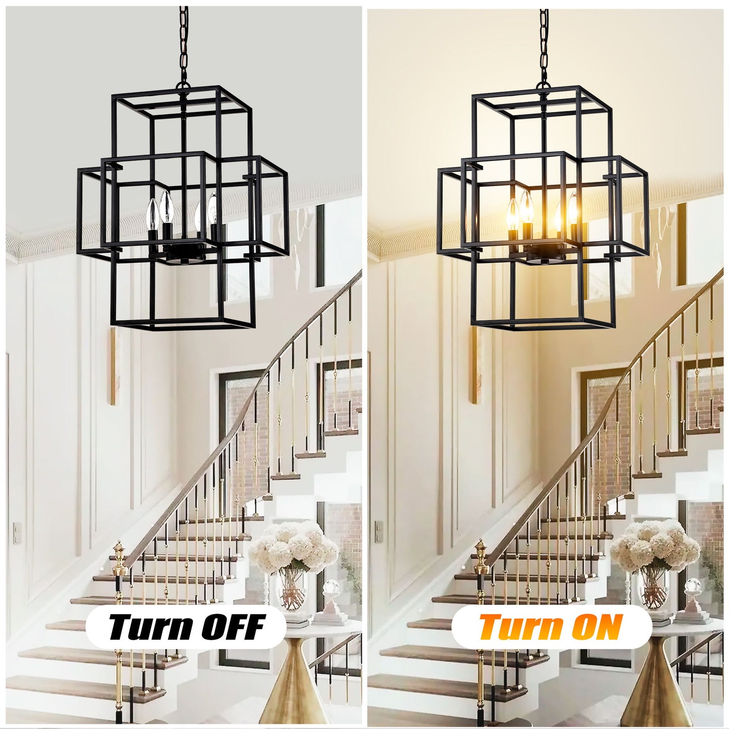 4 Light Metal Lantern Tiered Pendant Hanging Light Fixtures, Industrial Farmhouse Adjustable Height Chandeliers For Dining Room Hallway Foyer Entryway (E12 Bulbs Not Included) - Matte Black