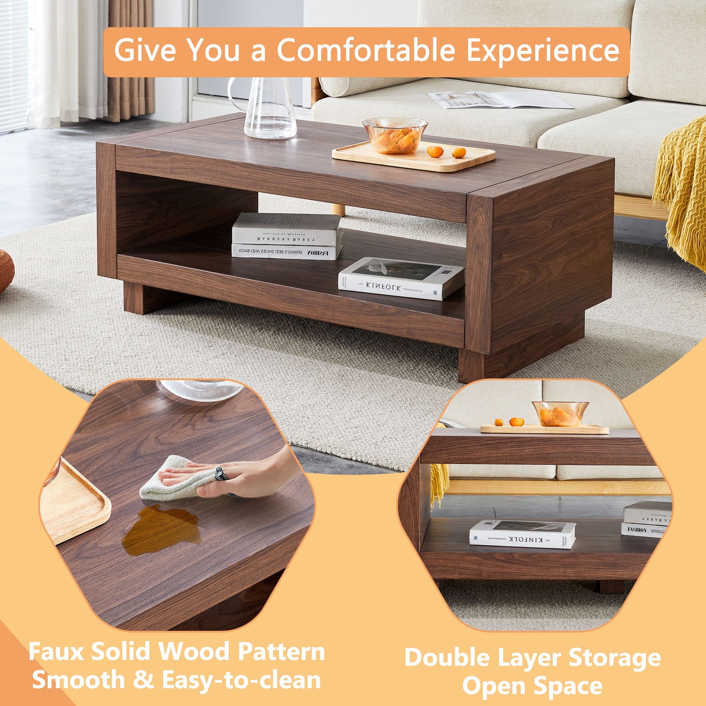 Modern Minimalist Rectangular Coffee Table Measuring Embodies The Simple Charm Of Mid Century Aesthetics, Adding A Touch Of Elegance To Your Living Room - Walnut
